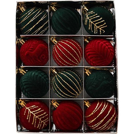Set mit 12 eleganten, beflockten Samt-Weihnachtsbaumkugeln, stilvolle Hängeanhänger für die weihnachtliche Fensterdekoration (1/5)