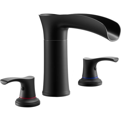 Mophorn Rubinetto per vasca da bagno romano con 3 fori e 2 maniglie, miscelatore in lega di zinco con beccuccio corto per installazione su bordo vasca, colore nero (1/5)