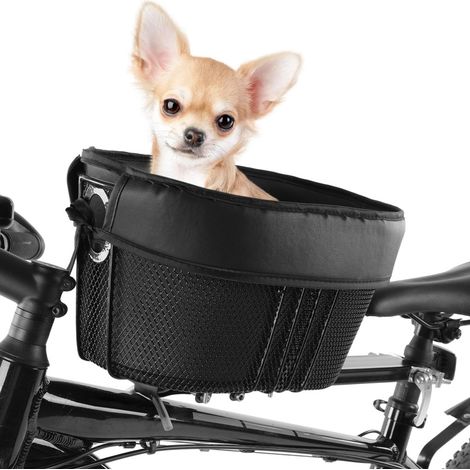 Bike Basket for Dog – MTB Shopping Cart Portable Cat Dog Carrier – Front Crossbar Mount with Foam Lining Safety Strap – Black (1/5)