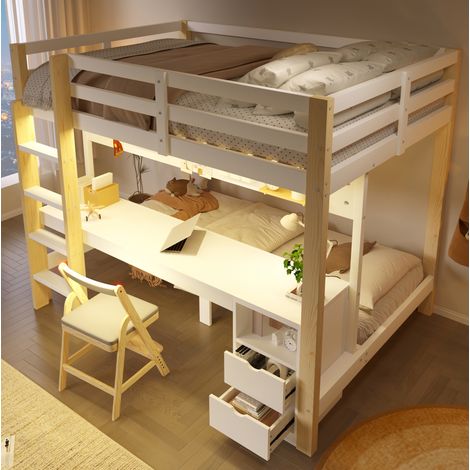 Kinder-Hochbett mit Schreibtisch, Schubladen und LED, 90x200/140x200 cm, natur/weiß OKMYHOME (1/5)
