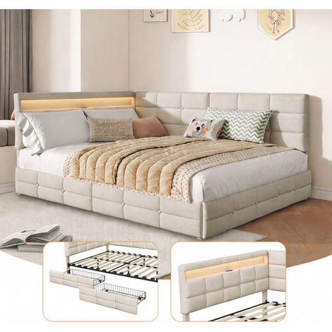 Lit double 140x190 avec LED RGB télécommande, ports USB Type-C, 2 tiroirs, tissu capitonné beige, sommier à lattes inclus, design moderne pour chambre adulte (1/5)