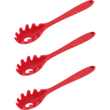 Ensemble de 3 cuillères à spaghetti en silicone alimentaire résistant à la chaleur, utilisables en 1. Ustensiles de cuisine rouges. (1/5)