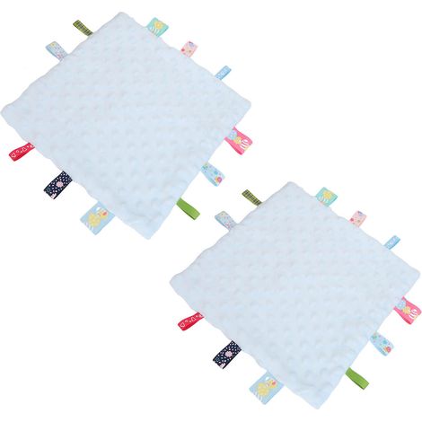 Lot de 2 couvertures de sécurité pour bébé en pur coton avec étiquettes colorées, idéales pour le développement sensoriel et le réconfort de bébé (motif 3D). Bleues. (1/5)