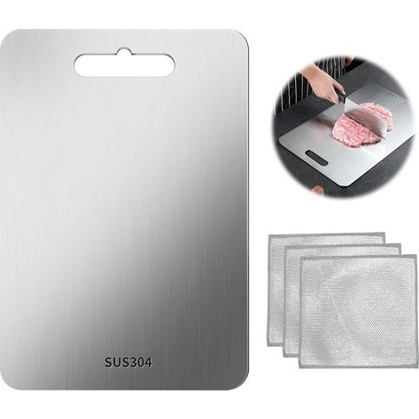 Planche à Découper en Acier Inoxydable 304, anti-moisissure sans BPA coupe-cuisine durable pour Viande Fromage Planches à Découper 39x28 cm Avec Chiffons de Nettoyage réutilisables à Double Couche (1/5)