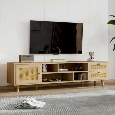 Mueble TV 160x39x40.5 cm color roble en tablero de partículas y ratán con 2 cajones, 1 puerta y gestión de cables (1/5)
