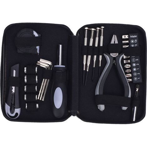 Kit de réparation domestique, Mini ensemble d'outils, pince à nez aiguille, ruban à mesurer, clés hexagonales, embouts de tournevis, poignée avec étui (1/5)