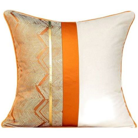 Luxury patchwork cushion cover in velvet and gold leather, 45.7 x 45.7 cm, geometric stripe pattern.
