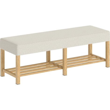 Banc de rangement en bois massif 140 cm avec assise rembourrée crème - pour entrée (1/5)