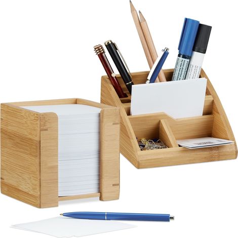 juego de escritorio de 2 piezas, organizador con portalápices y caja de notas con 900 hojas, de bambú (1/5)
