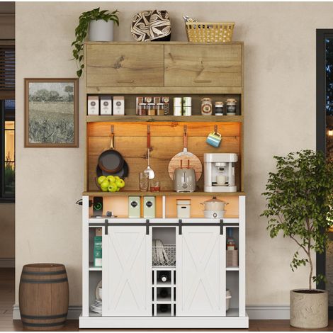 Vitrine de cuisine blanc et bois 110x40x191 cm, meuble en MDF, avec LED RGB, prise, porte abattante et crochets (1/5)
