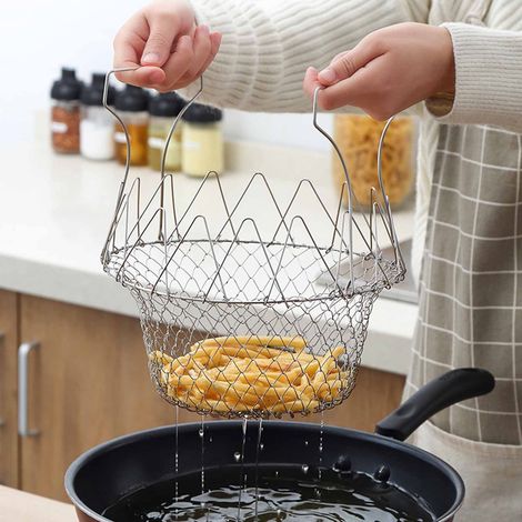 Faltbarer, mittelmaschiger Frittierkorb aus Edelstahl, universell einsetzbar, für die Küche (1/5)