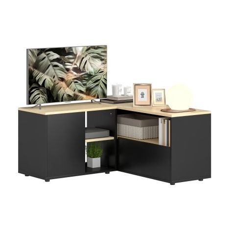 Meuble TV d'angle banc télévision jusqu'à 40 pouces avec 2 placards et 3 niches 90 x 90 x 45 cm chêne et noir (1/5)