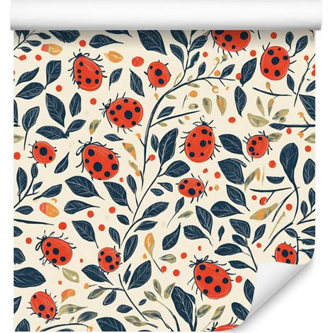 Papier peint coccinelles crème et gris clair pour salon et chambre 50x1000 cm (1/5)