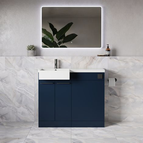 Napoli 250 Deep Blue 1000mm 2 Door Vanity Unit Toilet Suite with Left Hand Square Rico Semi Recessed Basin - 1000mm - Gunmetal Grey 160mm HandleWithout Kingston Toilet Pan