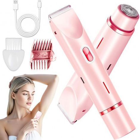 Rasoir pour femme, tondeuse double tête pour femme, tondeuse intime et sourcil, CHARGEUR USB, résistant à l'eau, pour Bikini, jambes, aisselles et nez (Rose) (1/5)