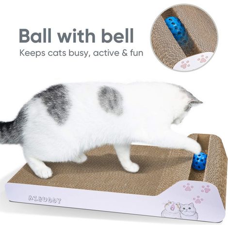 Grattoir pour chat en carton ondulé avec balle de jeu intégrée et herbe à chat incluse, design incliné et réversible pour protéger vos meubles (1/5)