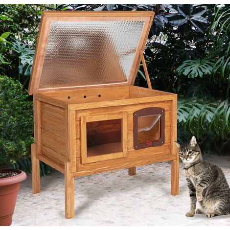 Casita de madera para gatos autocalentable con puerta y ventana (1/5)