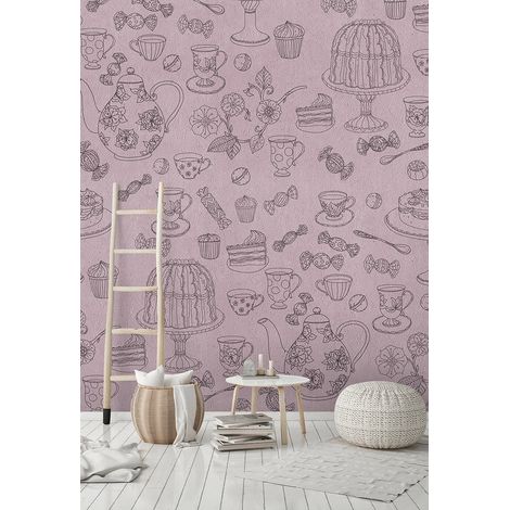 Papier peint panoramique vintage vieux rose cuisine | Tapisserie panoramique chambre fille gâteaux | Papier peint panoramique à motif - 270 x 400 cm (4 pièces) (1/5)