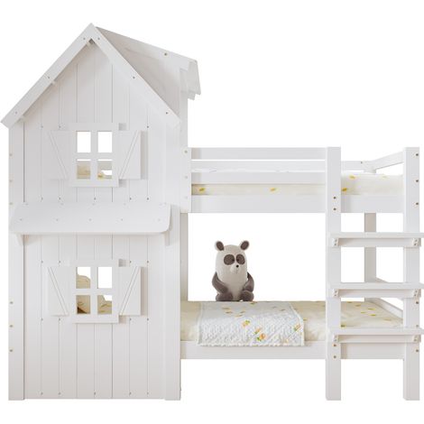 CHICFURN Letto a castello 90x200 cm in legno bianco con finestre e tetto, senza materasso (1/5)