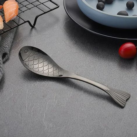 (Noir, 13,2 cm, 3 pièces) Cuillères en acier inoxydable en forme de poisson, couverts de qualité alimentaire, adaptées aux desserts glacés.
