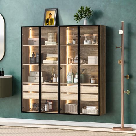 Ensemble de 2 meubles de salle de bain, taille moyenne, avec bandeau lumineux, 73 cm de large, avec 2 grands tiroirs et 2 portes vitrées.