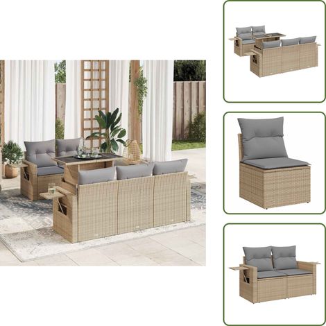 6-tlg. Garten-Sofagarnitur mit Kissen Beige Poly Rattan - Gartensofa Set - Garten Sofa Set - Outdoor Sofa Set - Garten Sofagarnitur (1/5)
