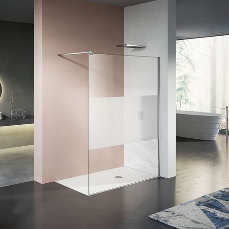 GRAND VERRE Paroi de douche en verre à bande Givrée au centre Livrée avec barre 140cm chromée 90x200 (1/4)