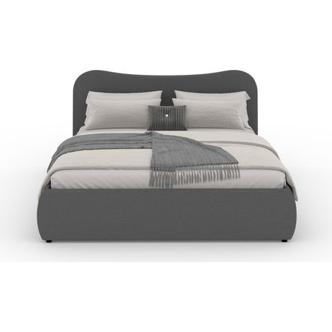 Lit coffre 160x200cm design arrondi velours côtelé gris PLANO (1/5)