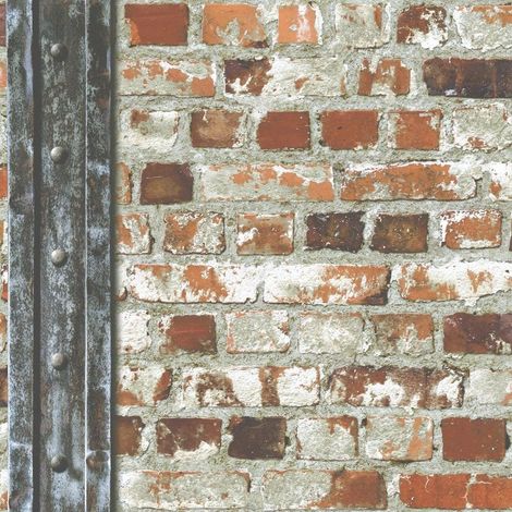 Loft Brick Effect Wallpaper Orange Grey Stone Slate Rustic Weathered Beam Muriva (1/4)