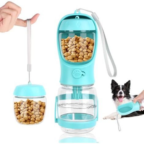 Botella de agua para perros, ideal para viajes, con soporte antiderrames y dispensador de comida para gatos, recipiente con válvula antirretorno (azul, 350 ml) (1/5)