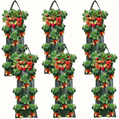 Lot de 6 sacs pour plantes à fraises, sacs de culture verticaux, sacs perforés pour plantes suspendues, sac pour plantes à poignée, sac pour semis (1/5)
