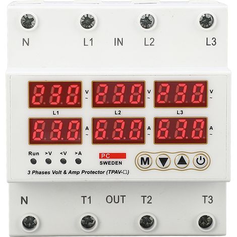 Voltmètre à Rail DIN triphasé, ammètre réglable, surtension, sous-tension, protecteur de surintensité 63A AC390-500V