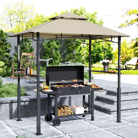Tonnelle de barbecue à deux niveaux auvent de réception pour jardin avec lumière LED 240 x 150 x 250 cm kaki