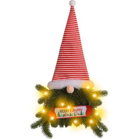 Jeffergarden Couronne de Noël inversée, chapeau haut-de-forme rayé, poupée sans visage, décoration lumineuse à suspendre à la porte