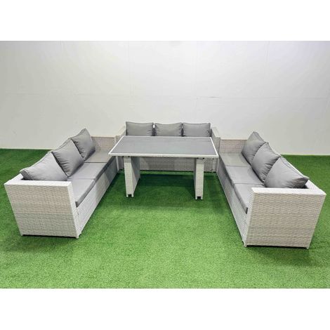 Fimous Patio Outdoor Garden Furniture Sets with Black Glass Top Dining Table 3 Seater Sofa 2 Side Tables Light Grey (1/5)