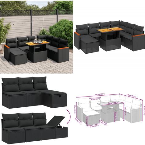 Salon de jardin 8 pcs avec coussins noir résine tressée - Ensemble Salon De Jardin - Mobilier Extérieur - Résine Tressée - Rotin Synthétique - Table Extensible - Home & Living (1/5)