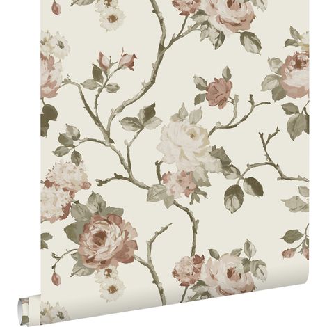 Papier peint à motif fleurs vintage blanc cassé et vieux rose – Dimensions 53cm x 10,05m – Pose facile sans table à tapisser – Estahome