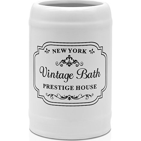Portaspazzolini bagno in ceramica bianca con stampe a contrasto nere vintage (1/4)