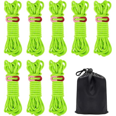 Set mit 8 reflektierenden Zeltabspannleinen, 4 m lang, 5,5 mm Durchmesser – Robuste Abspannleinen mit Aufbewahrungstasche für Markisen, Camping, Zelte, Pavillons, grün (1/5)
