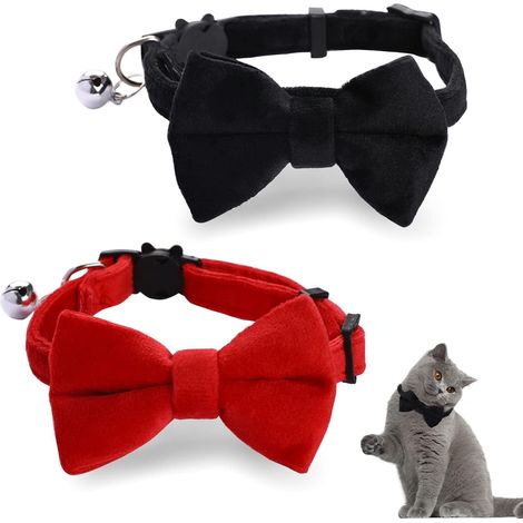 Lot de 2 colliers en velours pour chat avec clochette et nœud papillon, colliers réglables pour chat, chaton, petit chiot, nœud papillon de sécurité, couleur unie, pour mariage (1/5)