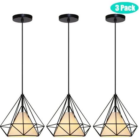 3x Lustre Suspension Industriel forme Diamant Cage Vintage 20cm Lustre Abat-Jour Eclairage de Plafond Edison Culot E27, Noir (1/4)