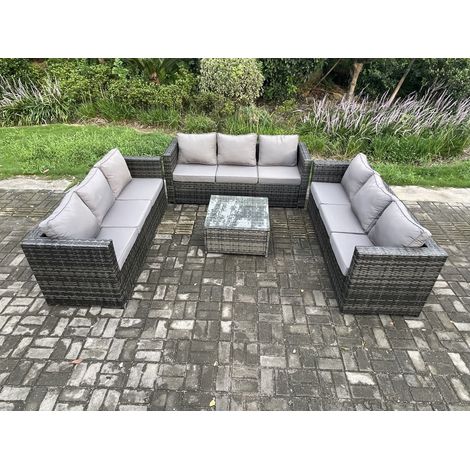 Fimous 9 Seater Rattan Garden Furniture Set Patio Outdoor Lounge Sofa Set with Square Coffee Table Dark Grey Mixed (1/5)