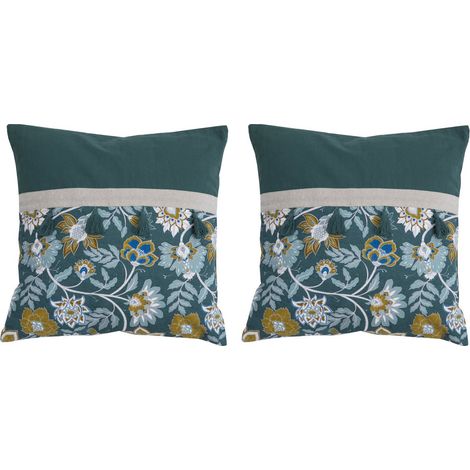 Lot de 2 coussins à pompons 50x50 cm en coton et vert foncé - DEHLI