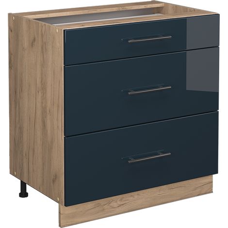 Küchenunterschrank Fame-Line, Dunkelblau Hochglanz, 80 cm mit 3 Schubladen, ohne Arbeitsplatte, Vicco