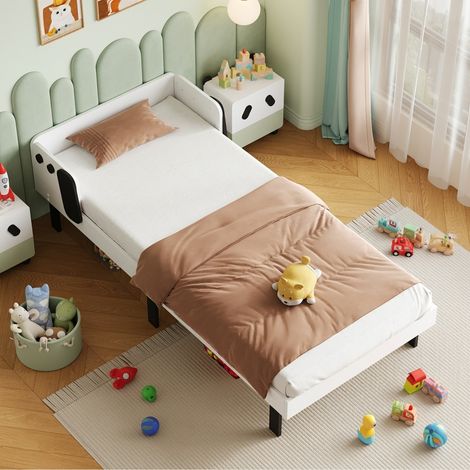 Kinderbett 90x200 cm aus Holz, Einzelbett – Hundebett mit Kopfteil, Lattenrost, skandinavischer Stil - Weiß