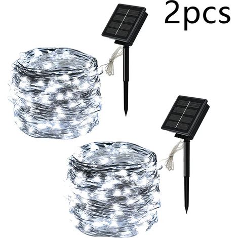 (2 guirlandes lumineuses solaires LED blanches de 7 m, 50 LED) - Lumière féérique LED scintillante pour jardin extérieur, terrasse, sapin de Noël ou fête. (1/5)