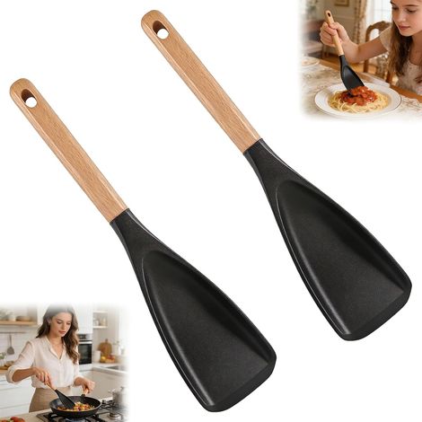Set di 2 cucchiai e spatole in silicone (per padelle antiaderenti), utensili da cucina per alimenti con manici in legno, cucchiai da cucina resistenti al calore. (1/5)
