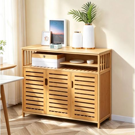 Aparador armario de almacenamiento (100x35x82 cm), con estante abierto, puertas con cierre magnético, bambú natural (1/5)