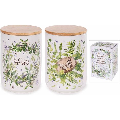 Barattoli / contenitori portadolci / biscottiere in ceramica alimentare con coperchio in bamboo in confezione regalo, set da 4 pezzi, Ø 10 cm x 15 H