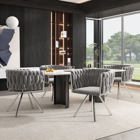 Silla de comedor giratoria de terciopelo, lote de 4, gris y plata DESVIAE (1/5)